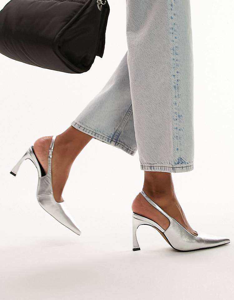 Topshop Coy premium leather sling back heeled pumps in silver